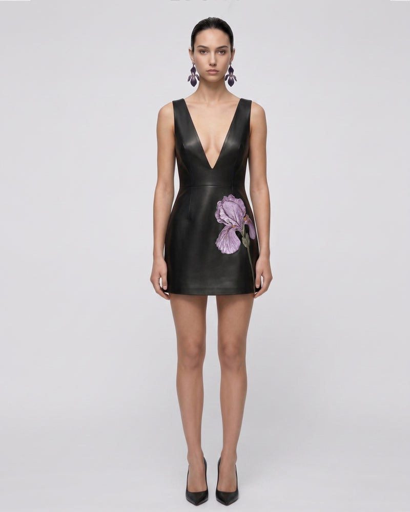 Iris Floral-Print Plunge-Neck Leather Mini Dress - Black