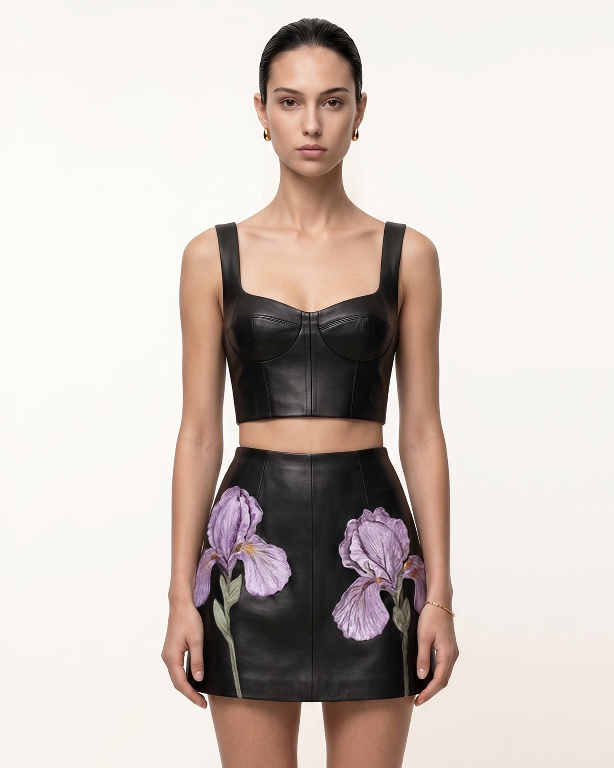 Cropped Leather Corset Top - Black