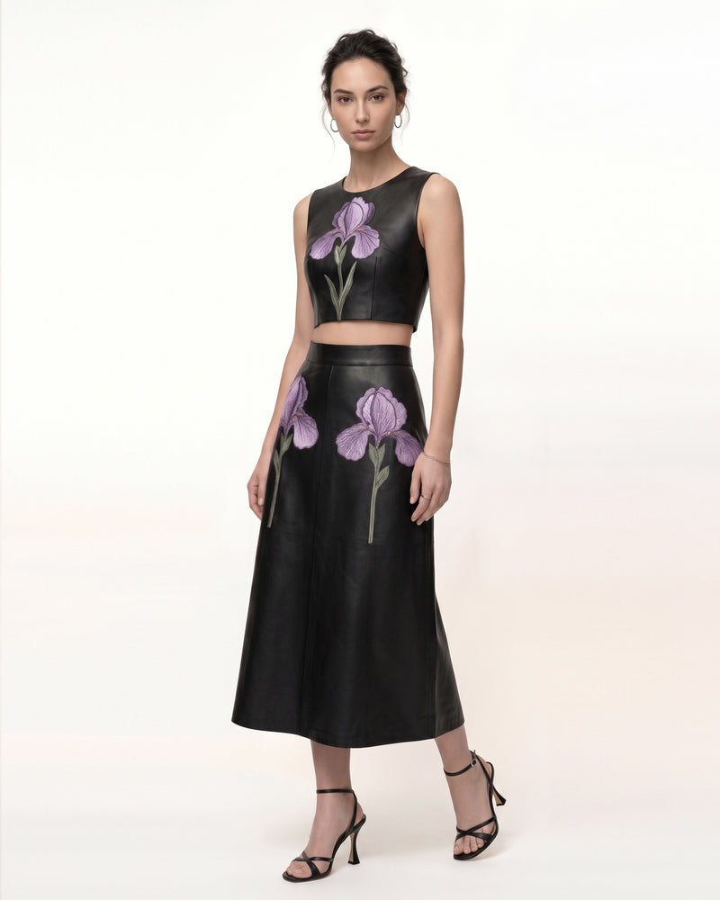 Iris Floral-Print A-Line Leather Midi Skirt - Black