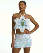 3D Lily Halter Crop Top - White Blue