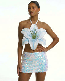 3D Lily Halter Crop Top - White Blue