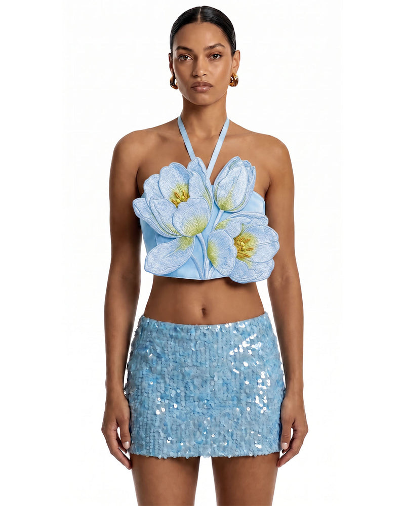 3D Floral Appliqué Halter Crop Top - Blue