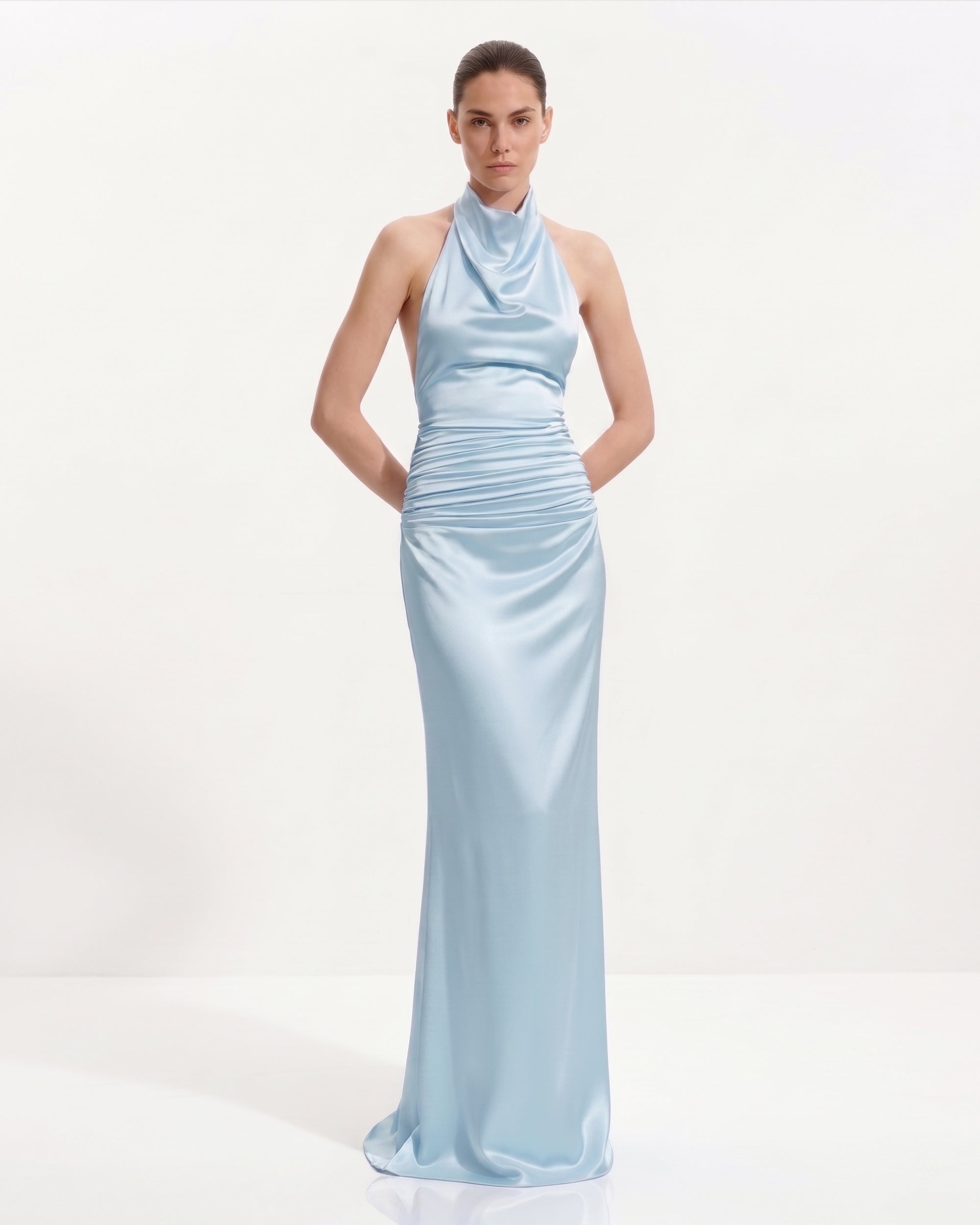 Satin Cowl Neck Ruched Maxi Gown - Light Blue