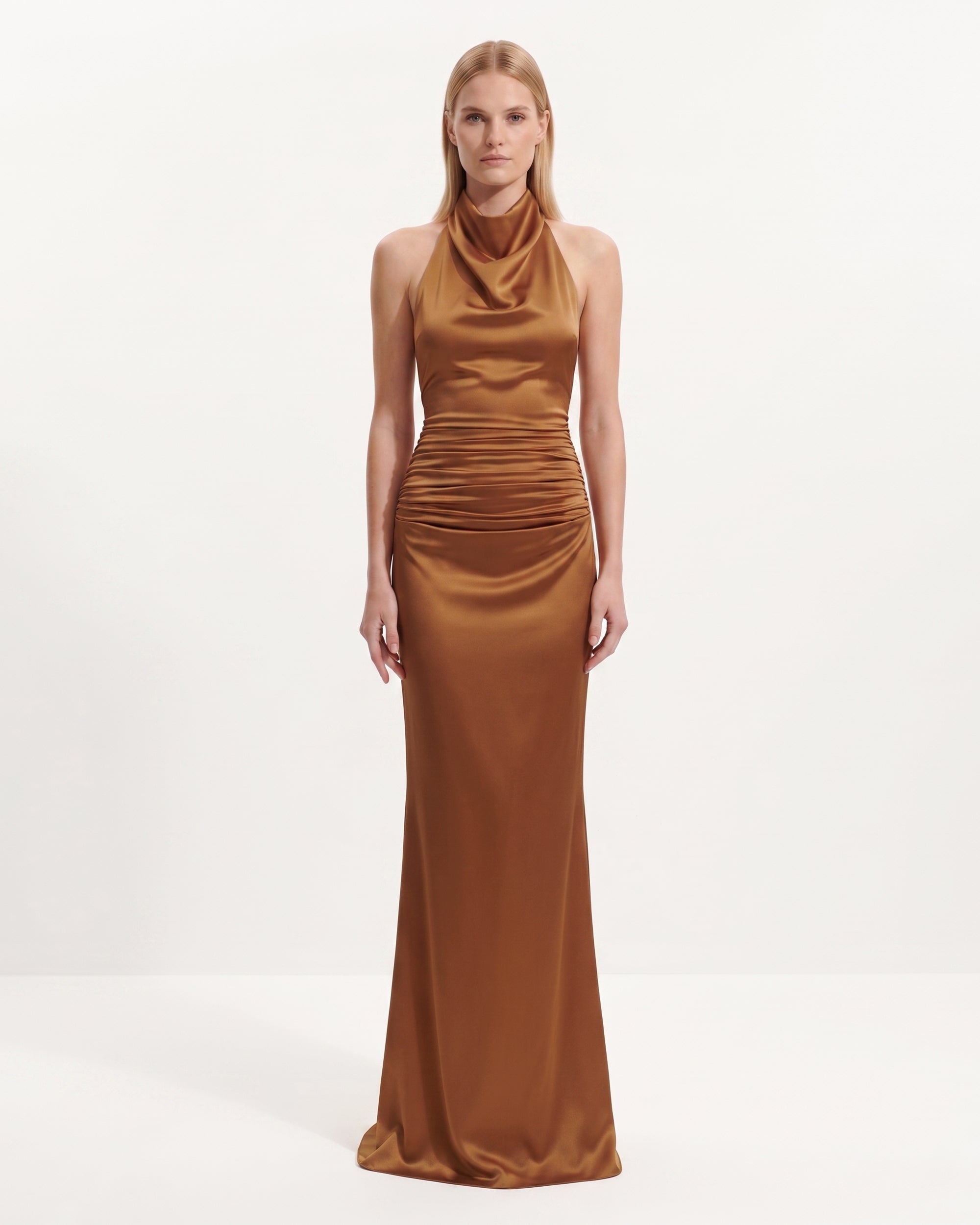Satin Cowl Neck Ruched Maxi Gown - Amber