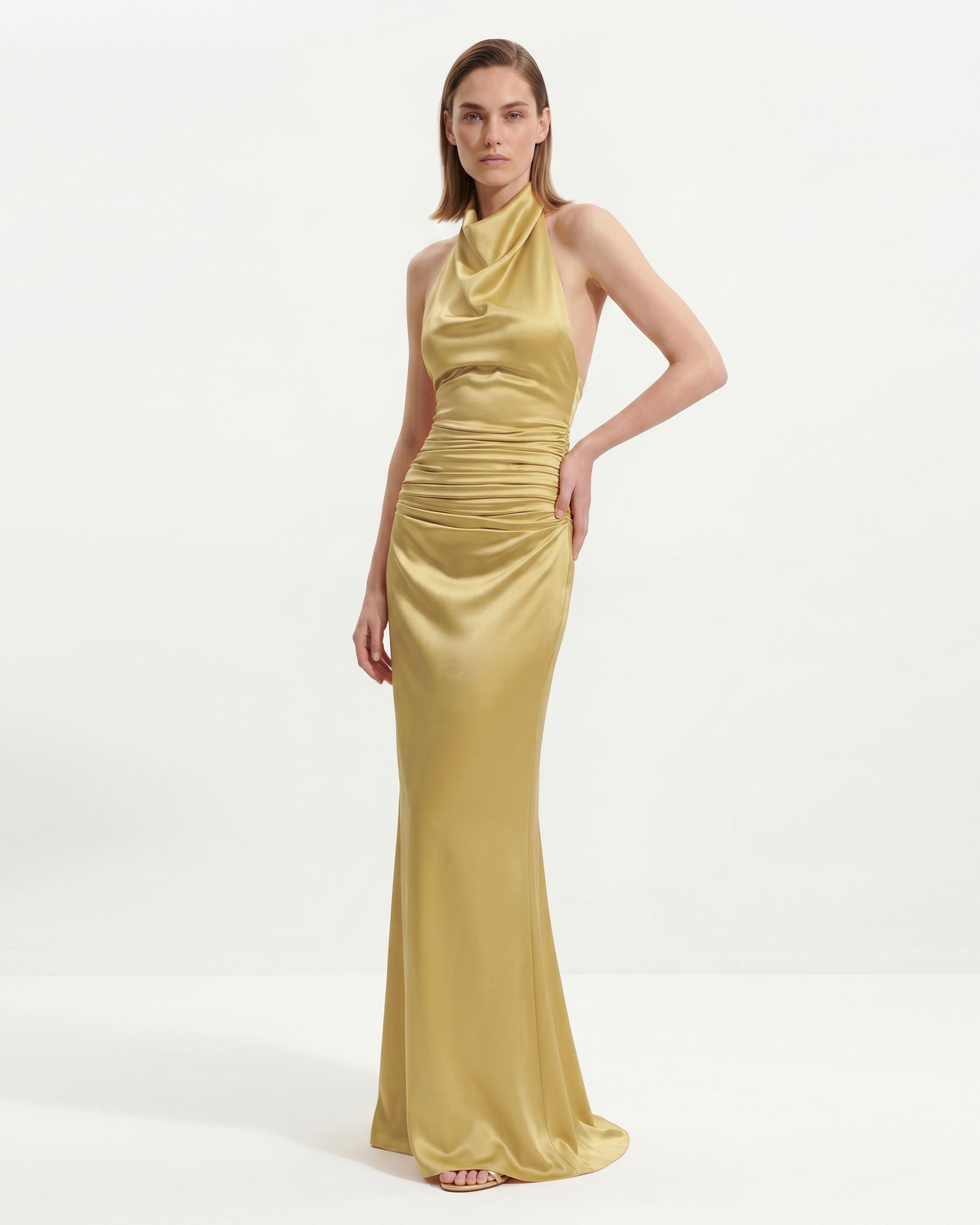 Satin Cowl Neck Ruched Maxi Gown - Champagne Gold