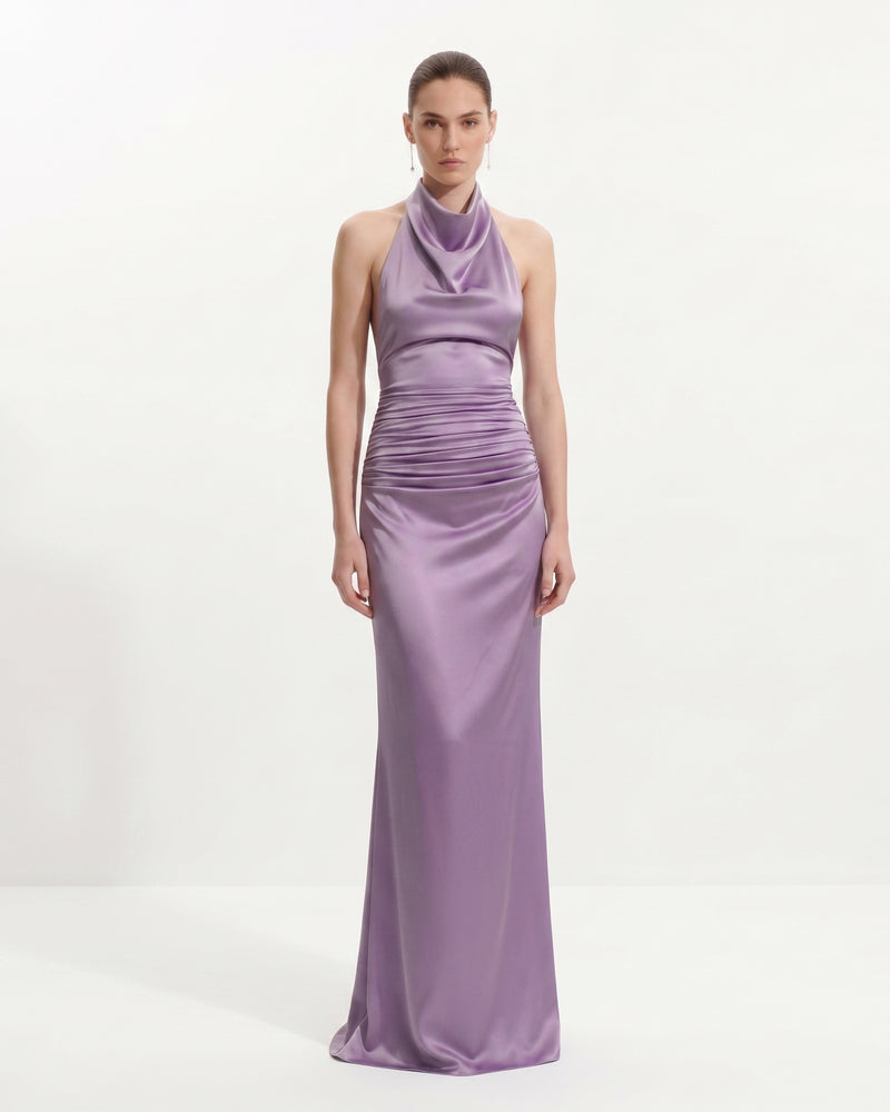 Satin Cowl Neck Ruched Maxi Gown - Purple