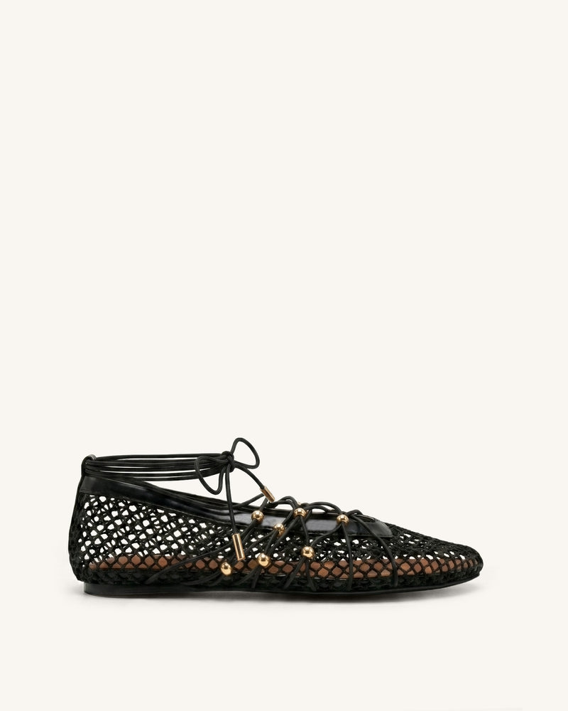 Aurelia Mesh Lace-Up Ballet Flats - Black