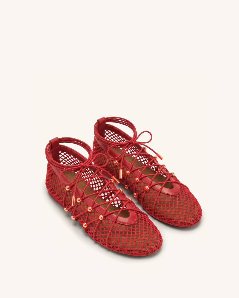 Aurelia Mesh Lace-Up Ballet Flats - Red