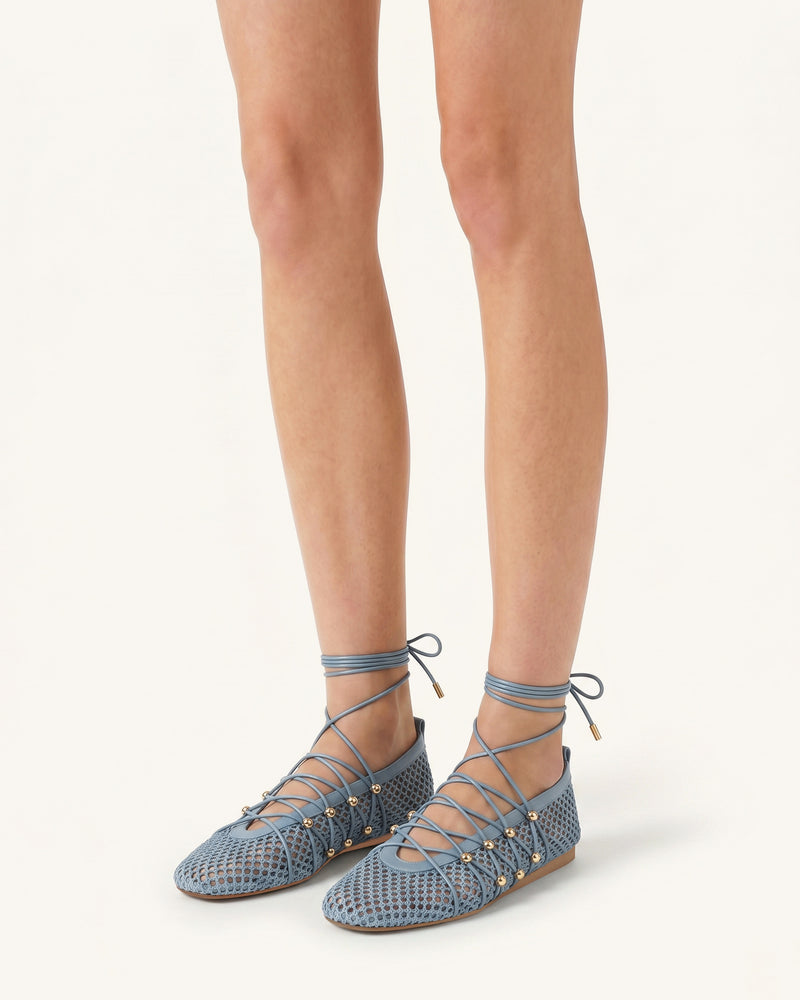 Aurelia Mesh Lace-Up Ballet Flats - Blue