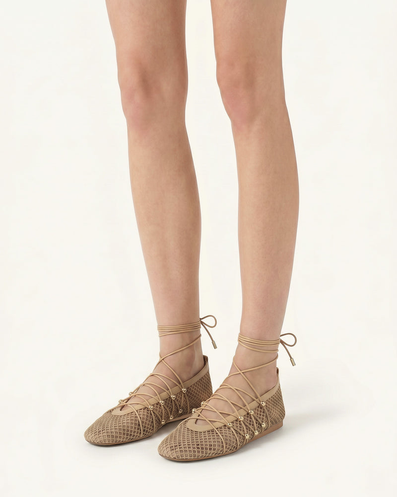 Aurelia Mesh Lace-Up Ballet Flats - Light Brown