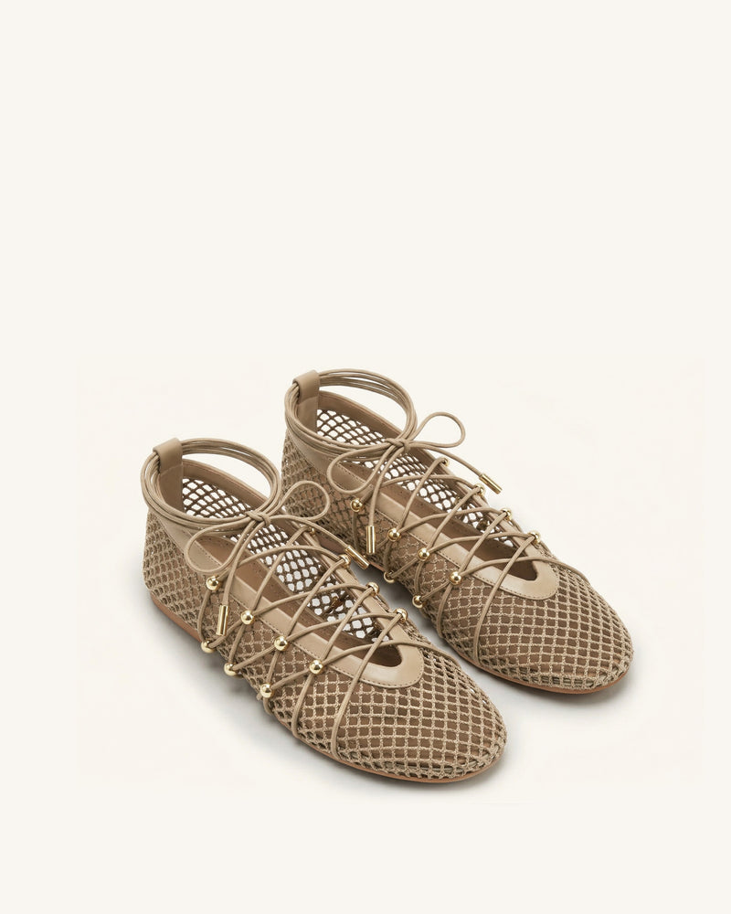 Aurelia Mesh Lace-Up Ballet Flats - Light Brown
