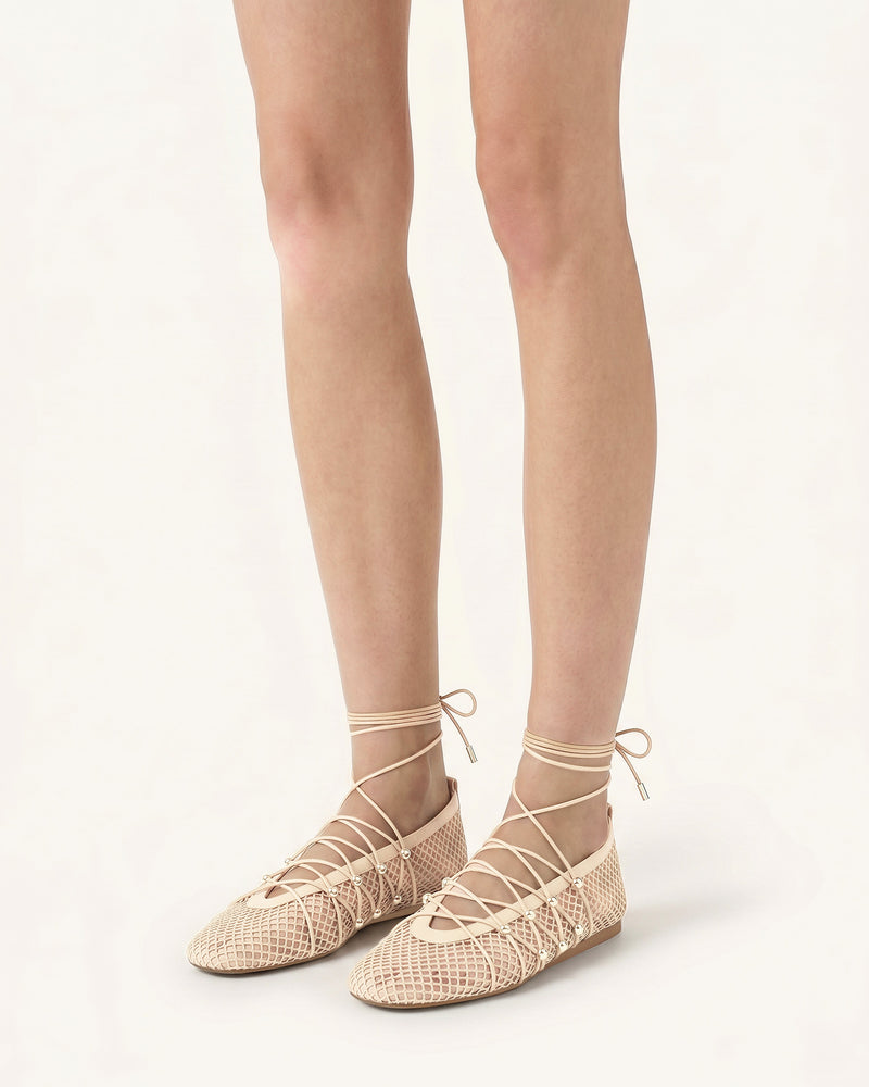 Aurelia Mesh Lace-Up Ballet Flats - Beige