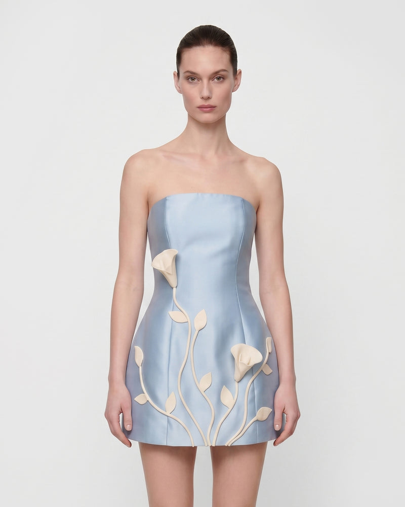 3D Vine Floral Strapless Mini Dress - Light Blue
