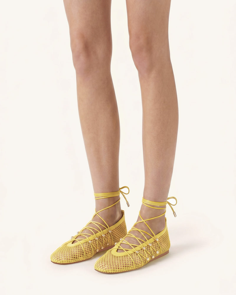 Aurelia Mesh Lace-Up Ballet Flats - Yellow