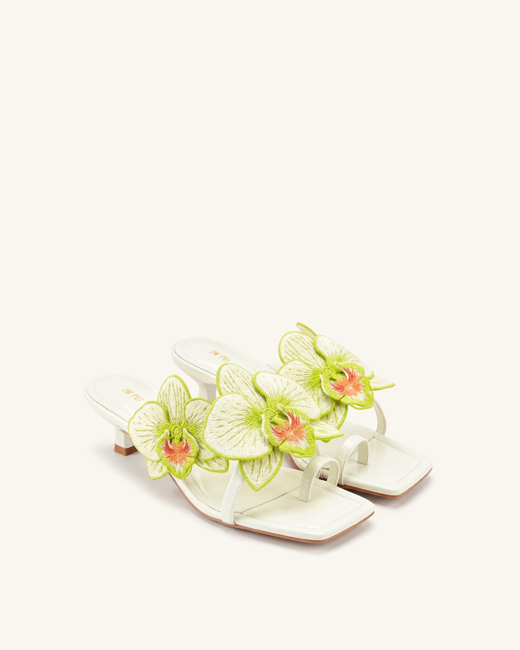 Serena Orchid Embroidered Toe Ring Heeled Sandals - Ivory Green