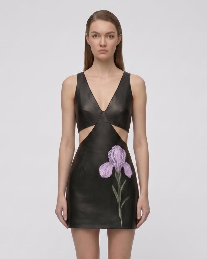 Iris Floral Cutout Bodycon Leather Mini Dress - Black