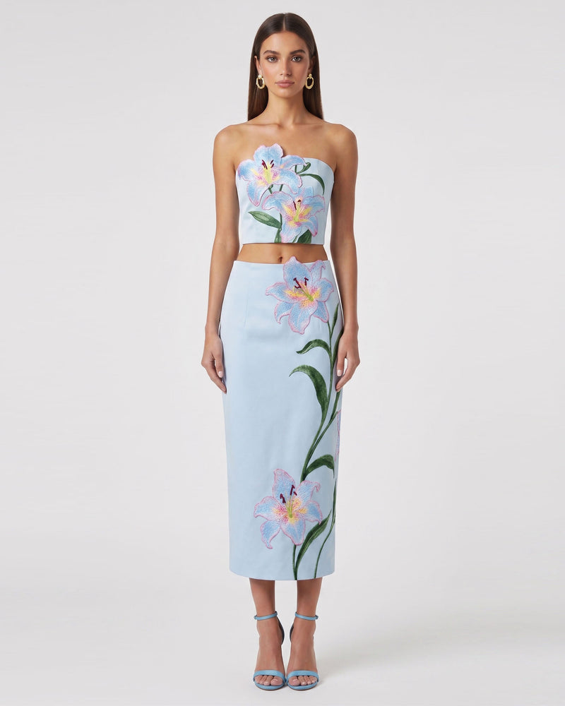 Lily Floral Embroidered Strapless Corset Top - Light Blue