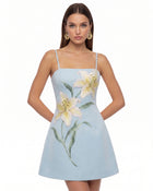Lily Floral Print Spaghetti Strap A-Line Mini Dress - Light Blue