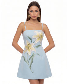 Lily Floral Print Spaghetti Strap A-Line Mini Dress - Light Blue