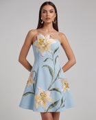 Lily Floral Print Strapless A-Line Mini Dress - Light Blue