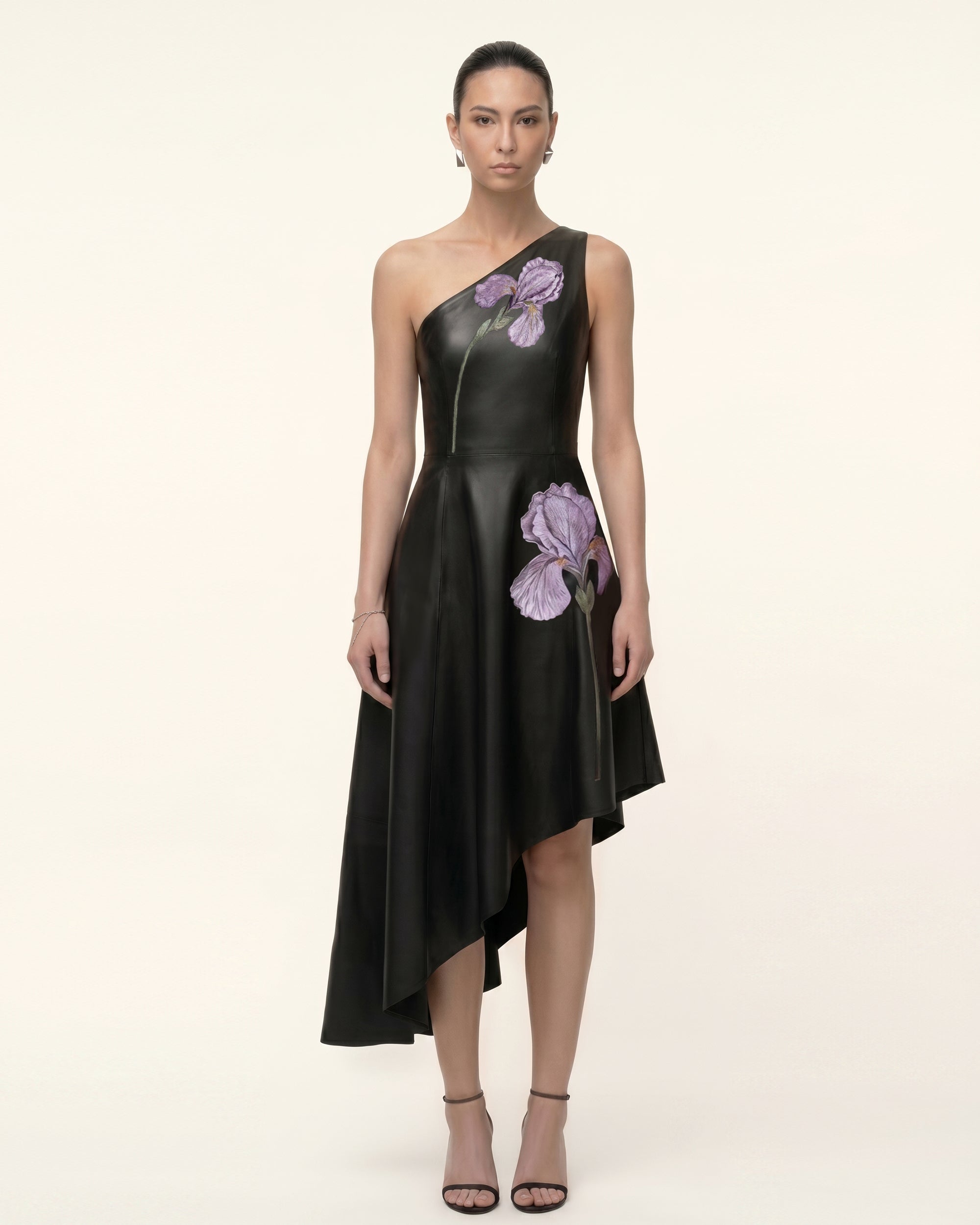 Iris Floral-Print One-Shoulder Asymmetric-Hem Leather Dress - Black