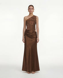 Floral One Shoulder Satin Dress - Brown
