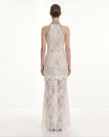 Jeweled Lace Halter Dress - White