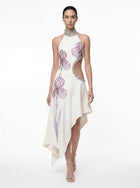 Jeweled Floral Cutout High Neck Dress - White