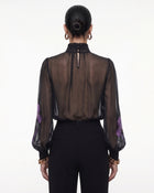 Iris Print Sheer High Neck Blouse - Black/Purple