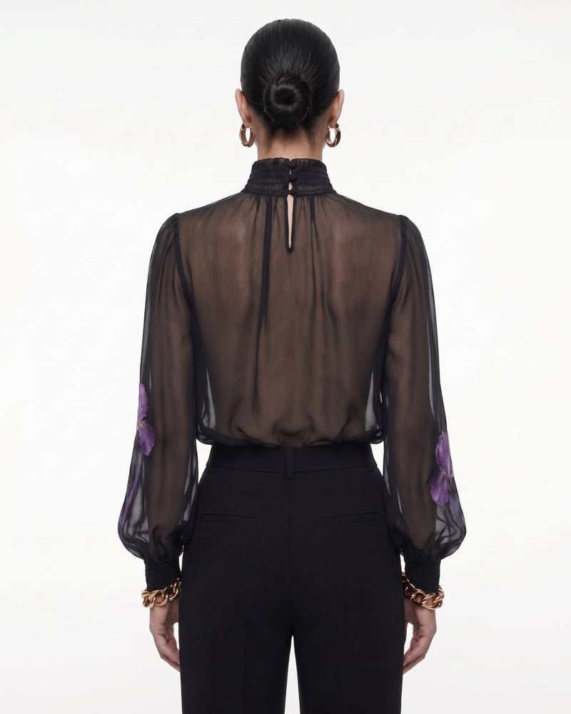 Iris Print Sheer High Neck Blouse - Black/Purple