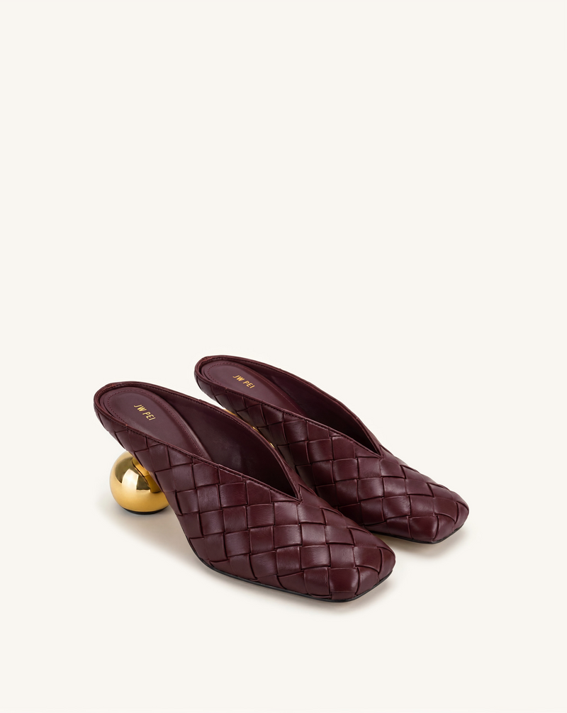 Ellie Woven Square-Toe Mule Heels - Burgundy