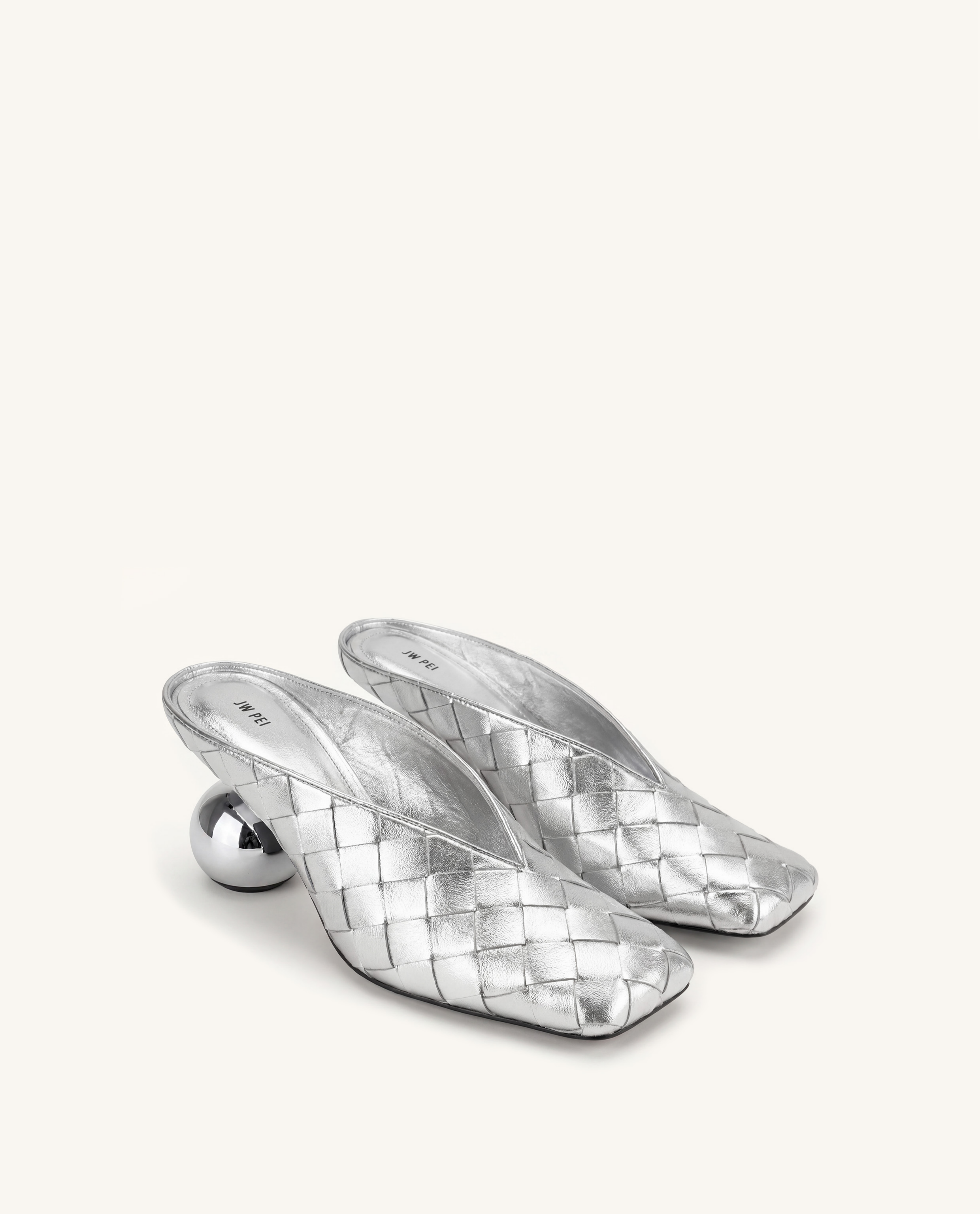 Ellie Woven Square-Toe Mule Heels - Silver