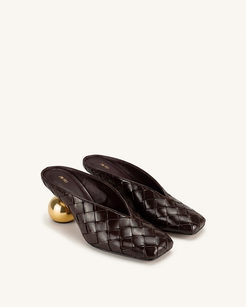 Ellie Woven Square-Toe Mule Heels - Dark Brown