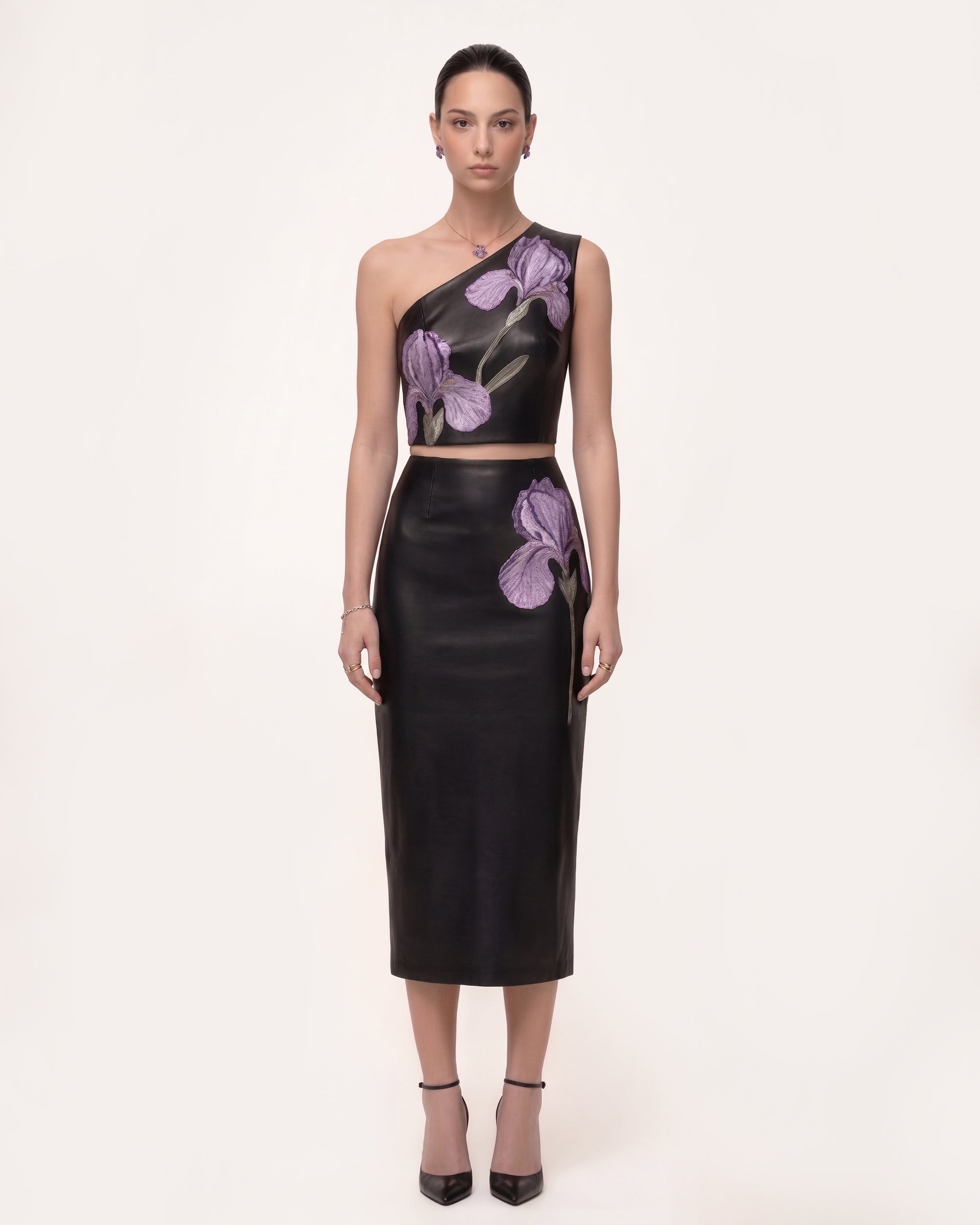 Iris Floral-Print One-Shoulder Leather Crop Top - Black