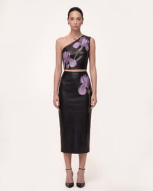 Iris Floral-Print One-Shoulder Leather Crop Top - Black