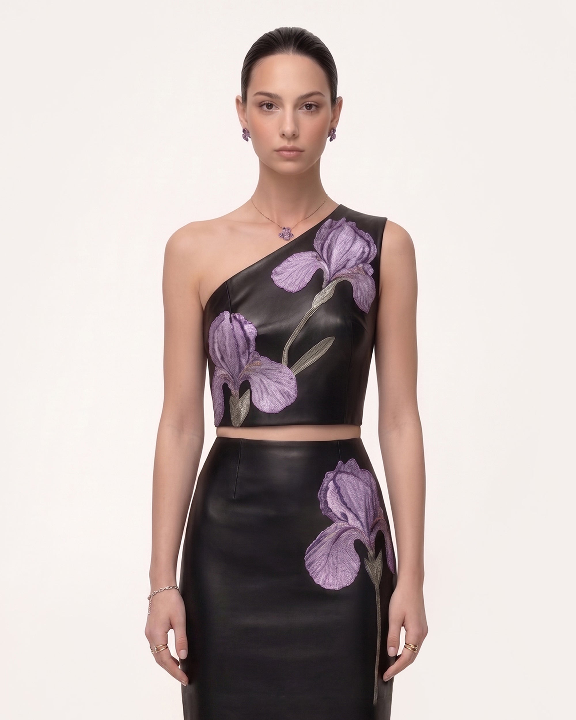 Iris Floral-Print One-Shoulder Leather Crop Top - Black