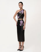 Iris Floral-Print One-Shoulder Leather Crop Top - Black