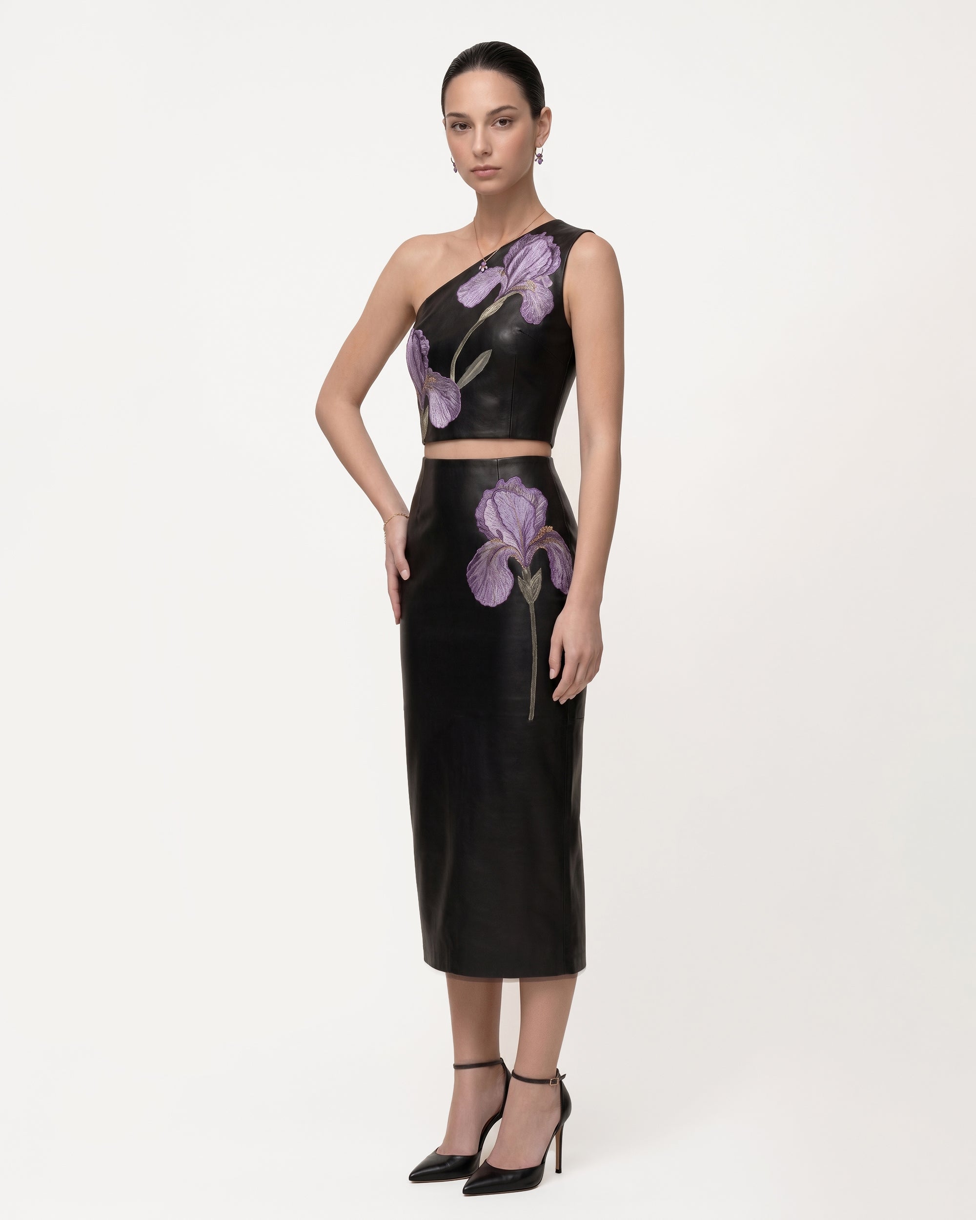 Iris Floral-Print One-Shoulder Leather Crop Top - Black