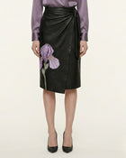 Iris Floral-Print High-Waisted Slit Leather Pencil Midi Skirt - Black