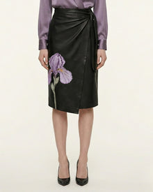 Iris Floral-Print High-Waisted Slit Leather Pencil Midi Skirt - Black