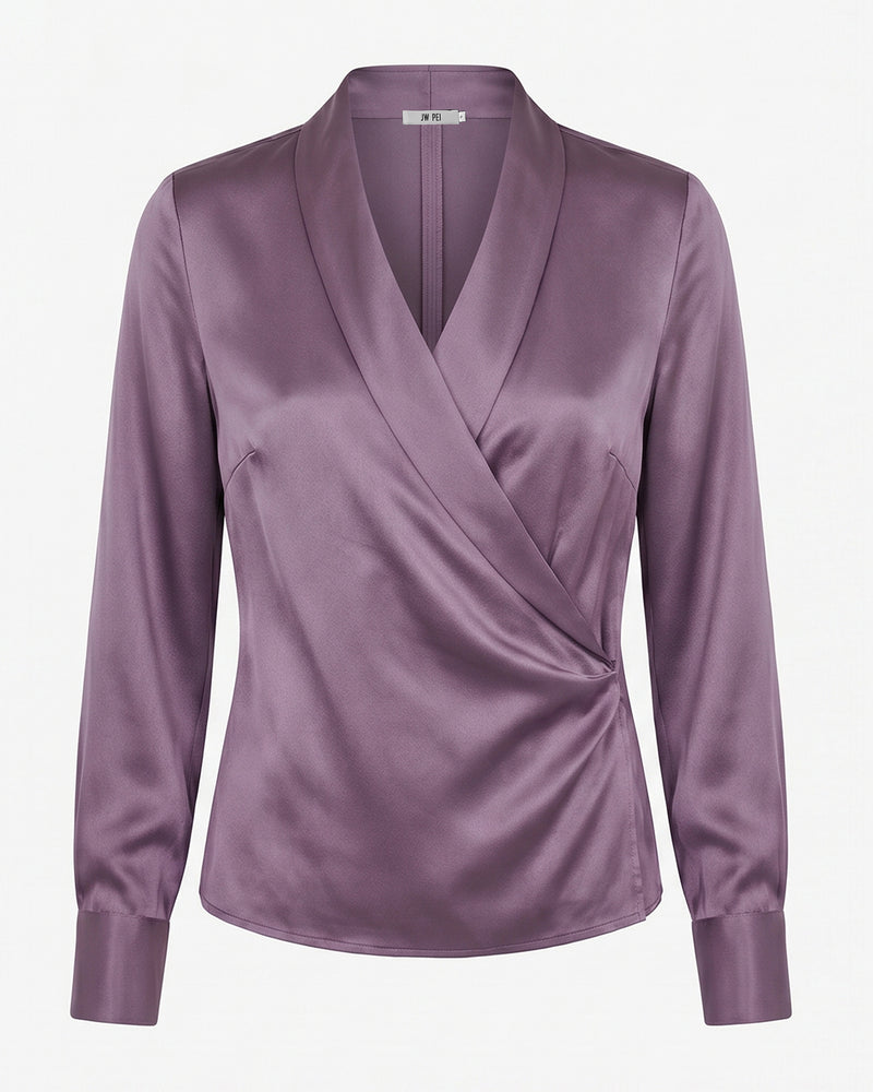 Satin Wrap V Neck Long Sleeve Blouse - Dusty Mauve