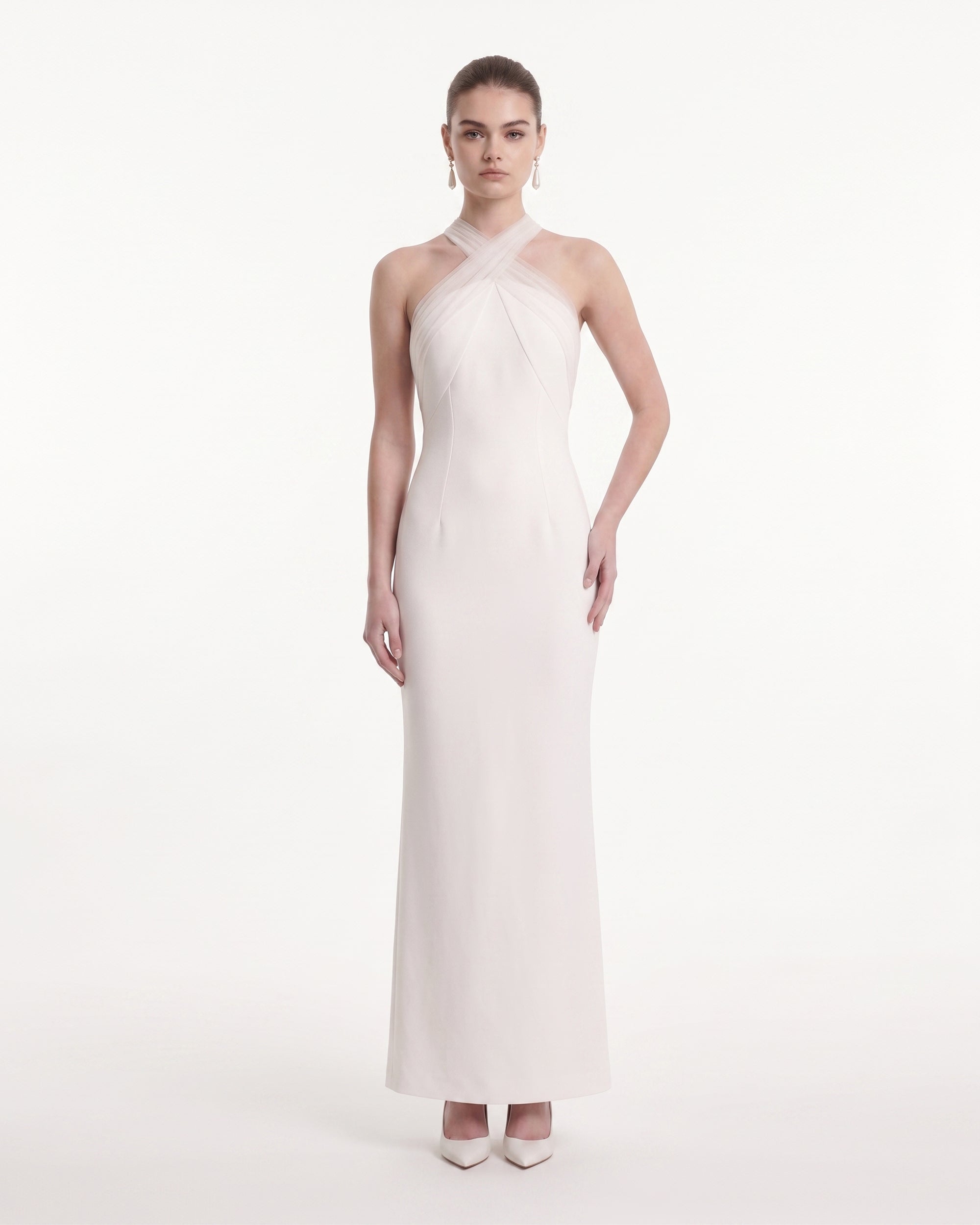 Cross Halter Column Maxi Dress - Ivory