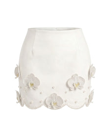 Orchid Floral Appliqué Pearl Trim Mini Skirt - Ivory