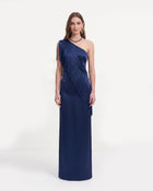 One Shoulder Fringe Satin Maxi Dress - Navy Blue