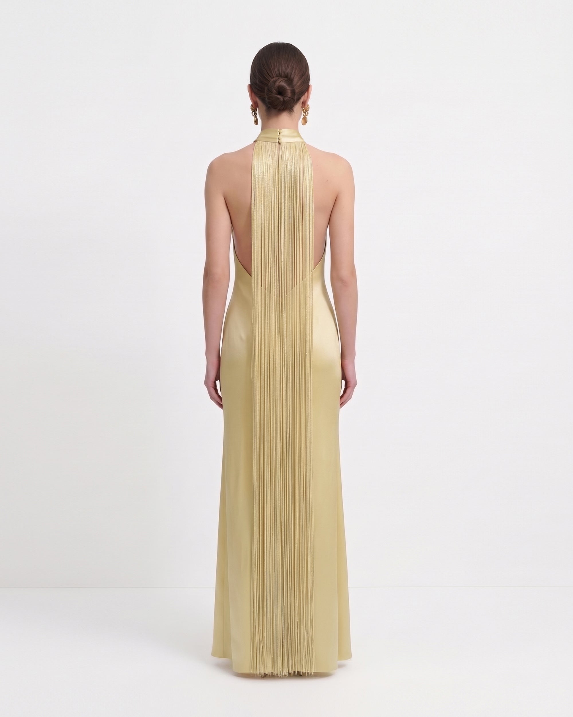 Cross Halter Fringe Back Satin Maxi Dress - Champagne