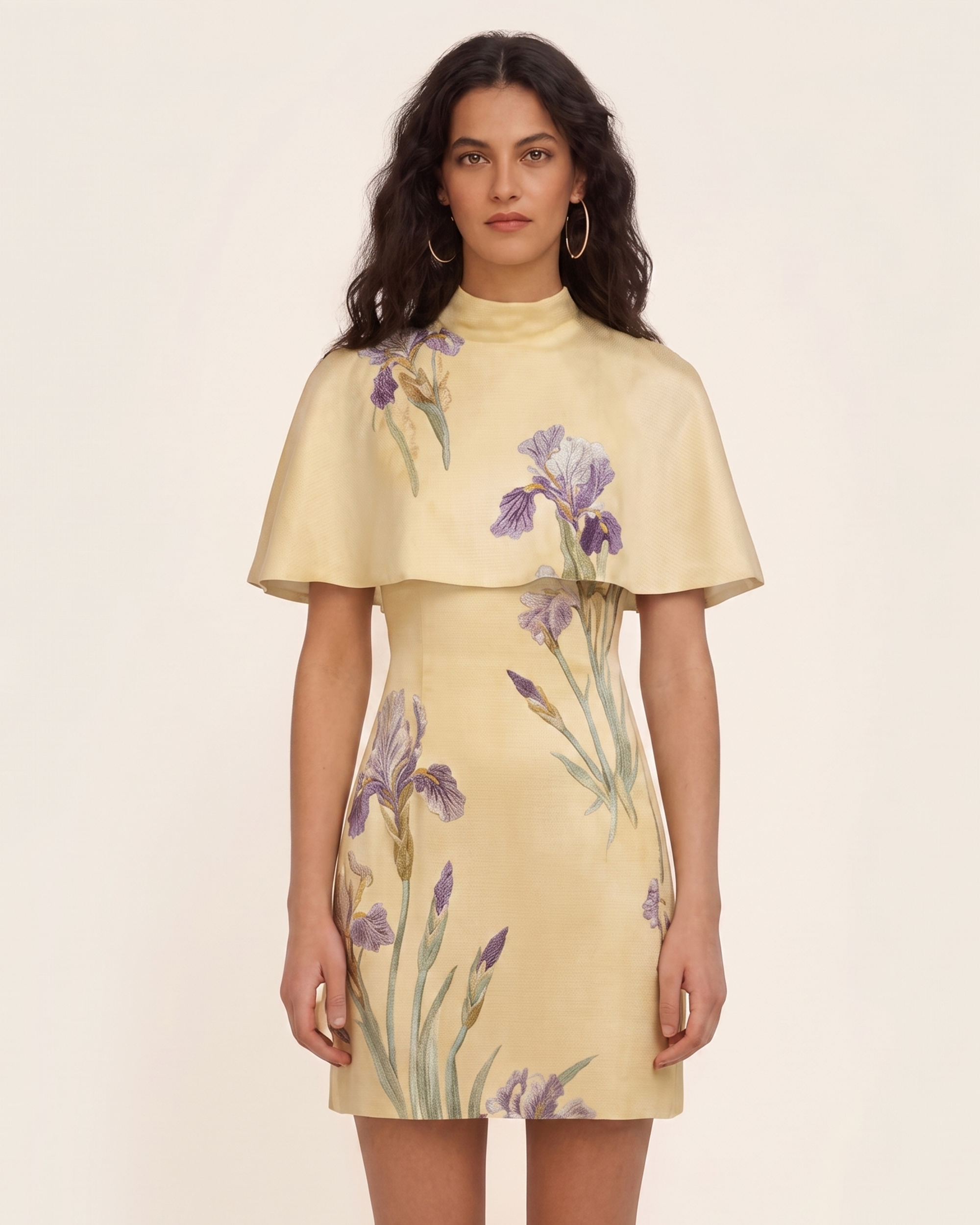 Iris Print Cape Overlay Mini Dress - Soft Yellow