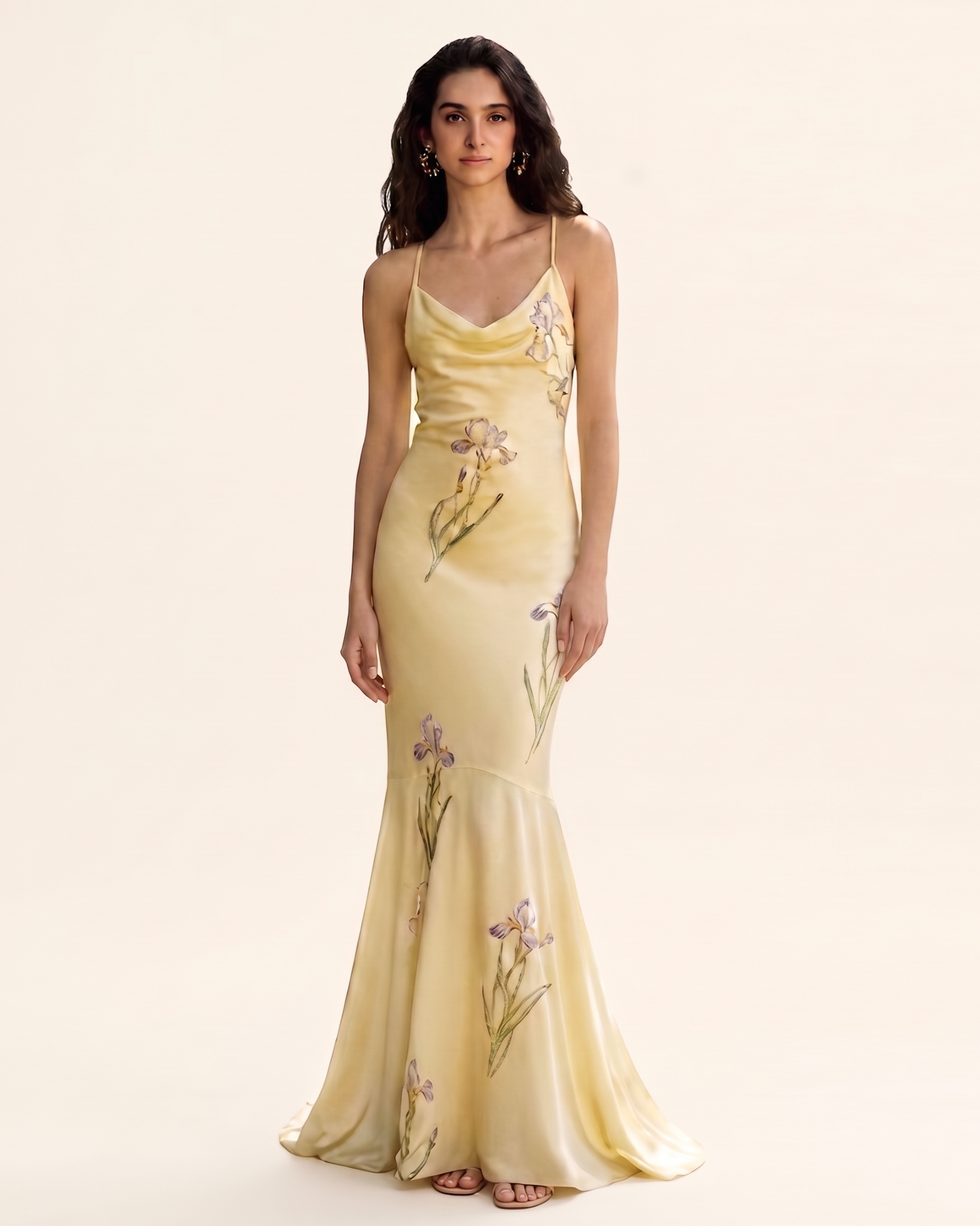 Iris Print Cowl Neck Mermaid Maxi Dress - Soft Yellow