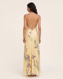 Iris Print Cross-Halter Open-Back Maxi Dress - Yellow