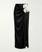 Iris Floral Appliqué Draped Satin Maxi Skirt - Black