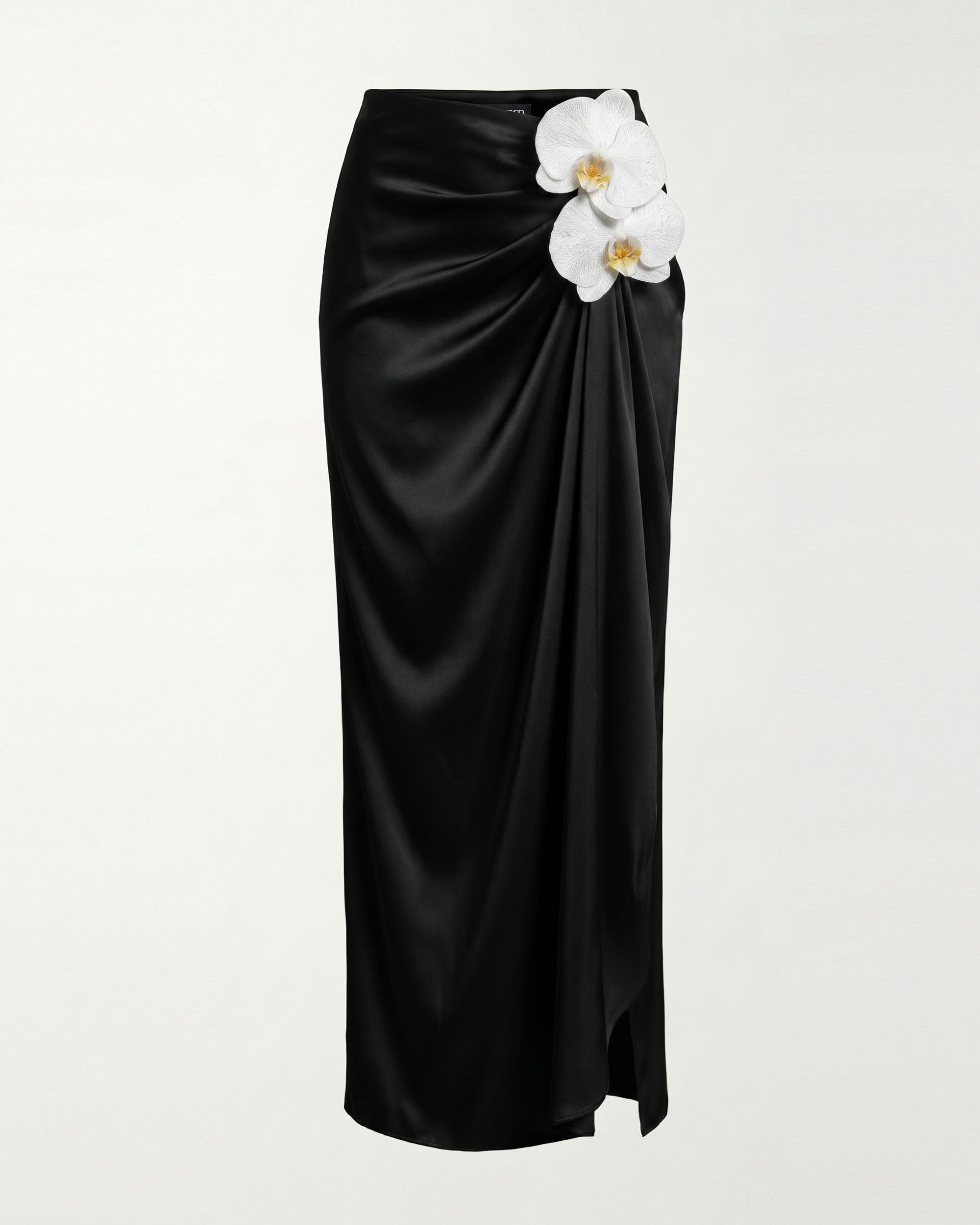 Iris Floral Appliqué Draped Satin Maxi Skirt - Black
